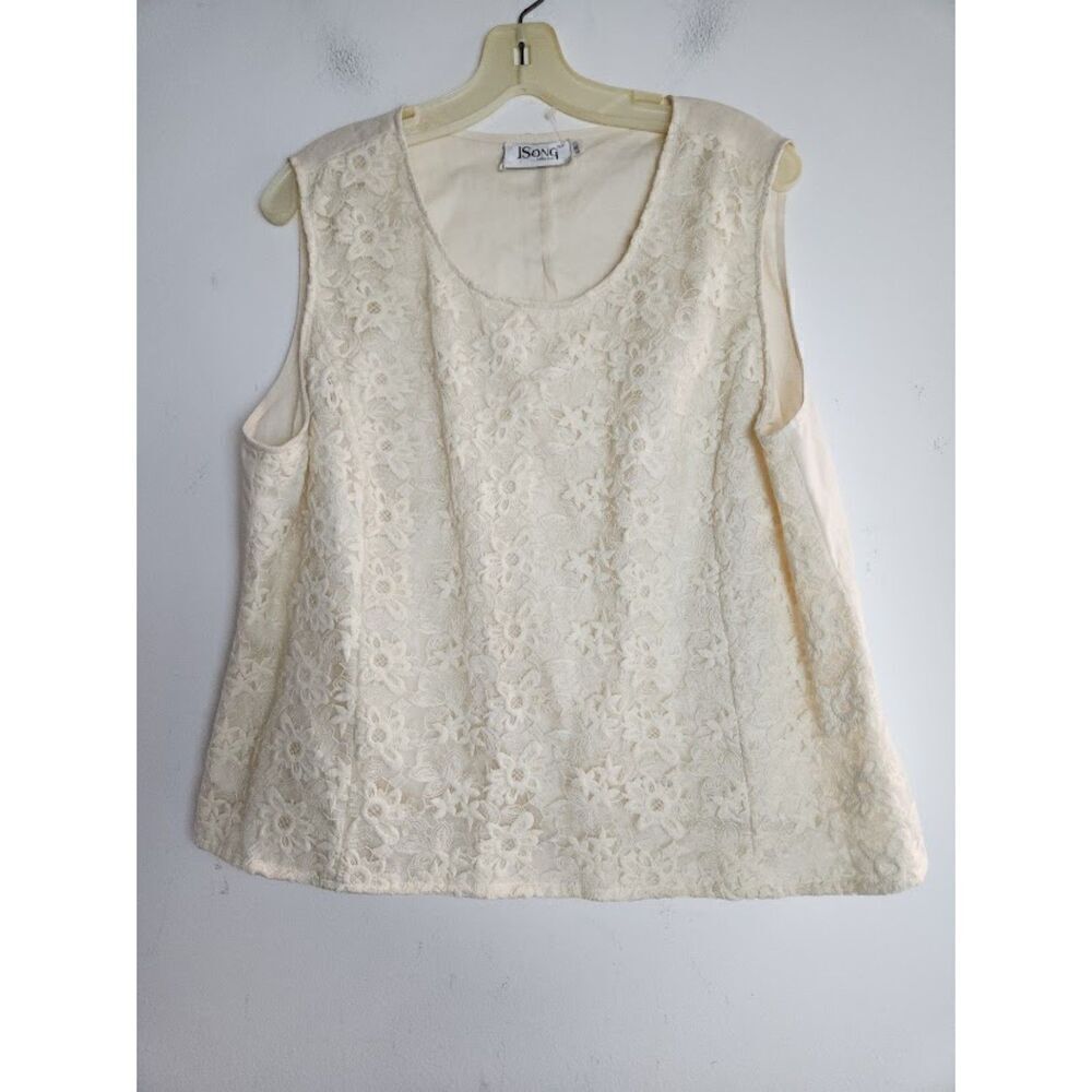 J.Song Collection Women Ivory/Cream 100% Linen Floral Embroidery Blouse size 18